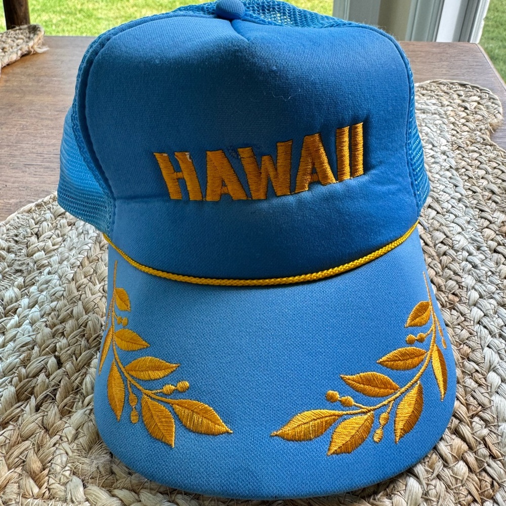 Vintage Blue Hawaii Trucker Hat with Yellow Embroidery